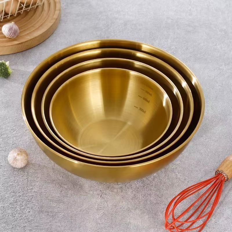 Golden mixing bowls for cooking, baking, noodles, and salads.