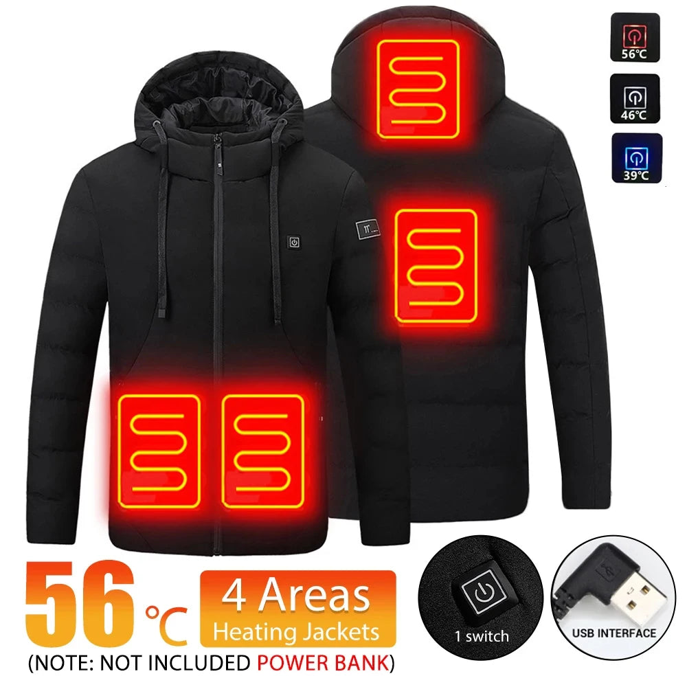 4 Areas Heated Jackets Men Women USB Single Control Smart Heating Cotton Clothing Heated Vest Constant Temperature Hooded Jacket