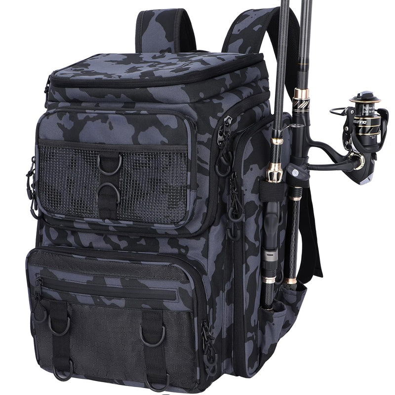 Fishing Backpack with Rod Holder, Tackle Organizer Box & Hiking Storage